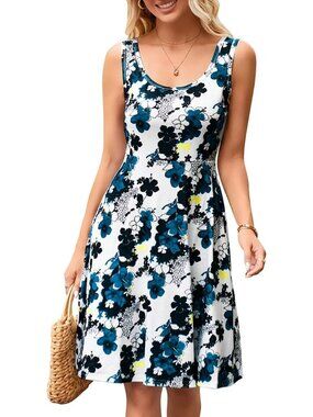 Women's White Flower A line Sleeveless Wide Strap High Waist Tank Midi Dress